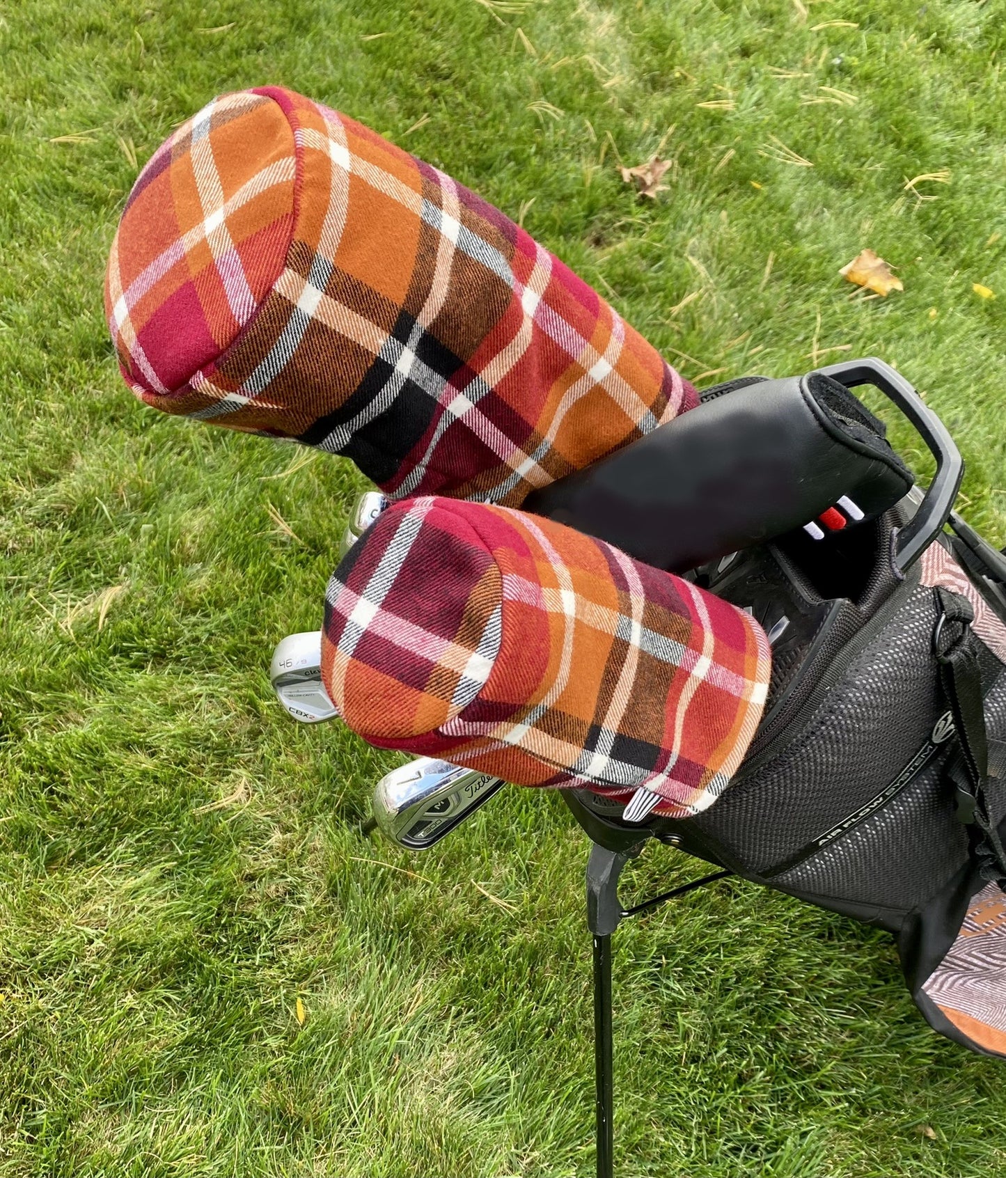 Multi color plaid barrel style golf headcover
